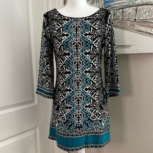 WHITE HOUSE BLACK MARKET Turquoise Black White Print Stretch Knit Dress | Small